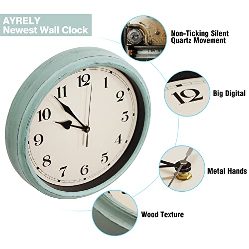 AYRELY Rustic Wall Clock, Wall Clocks Battery Operated, 11 Inch Country Style Silent Non Ticking Clock, Decorative for Kitchen, Home, Living Room, Farmhouse, Bedrooms (Blue)