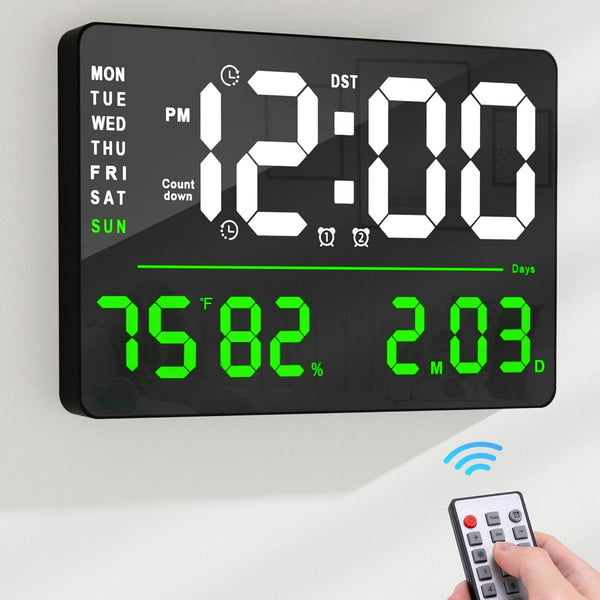 AYRELY® 16" LED Large Digital Wall Alarm Clock with Digital Calendar (Green)