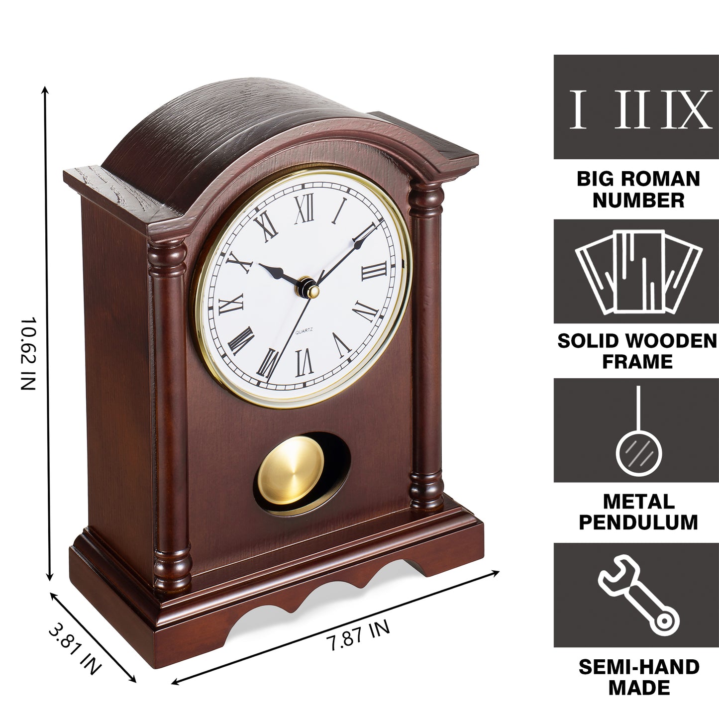 AYRELY® Classic Grandfather Mantel Clock with Wooden Finish & Gold-Tone Pendulum