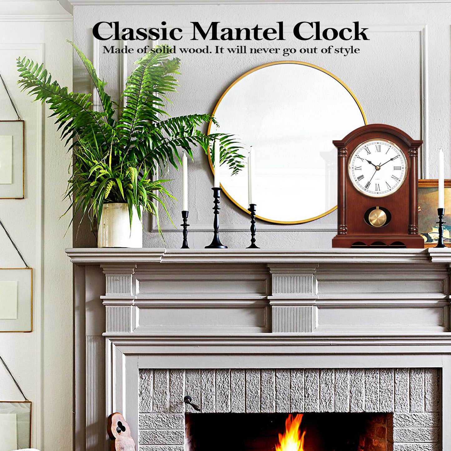 AYRELY® Classic Grandfather Mantel Clock with Wooden Finish & Gold-Tone Pendulum