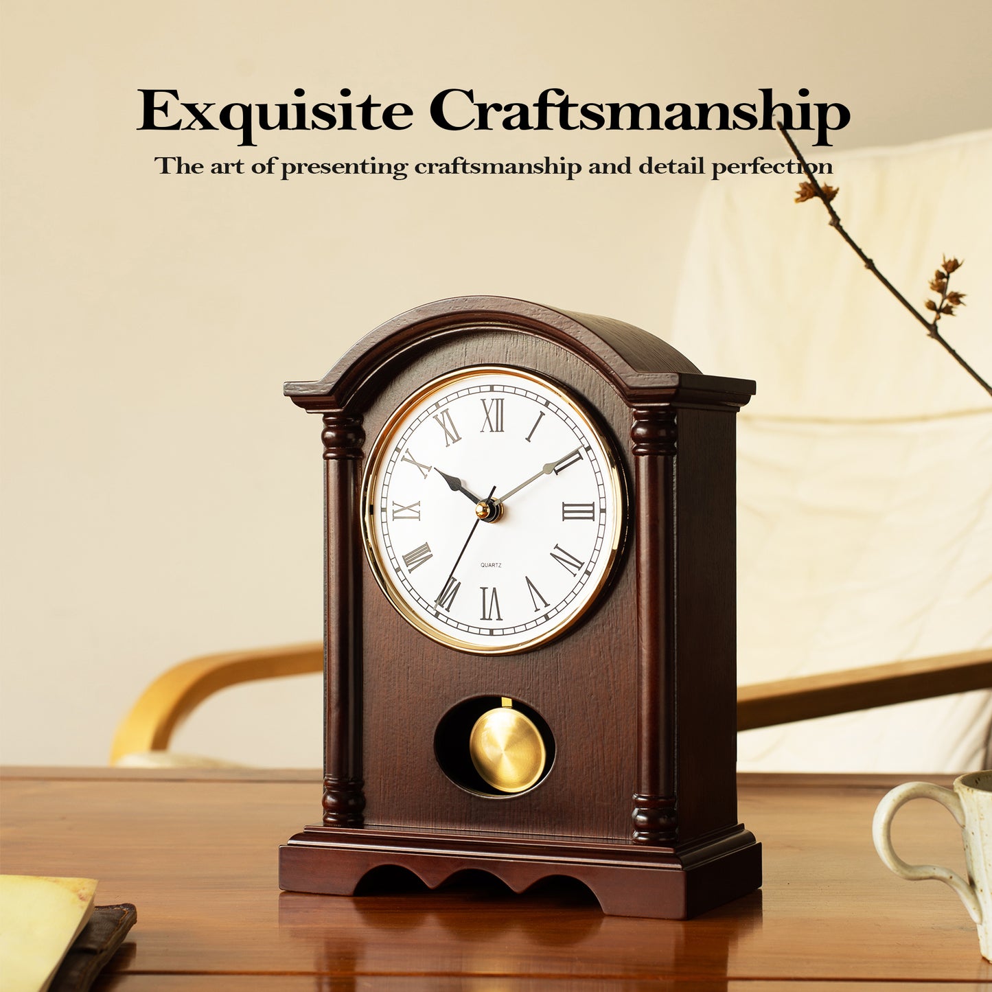 AYRELY® Classic Grandfather Mantel Clock with Wooden Finish & Gold-Tone Pendulum