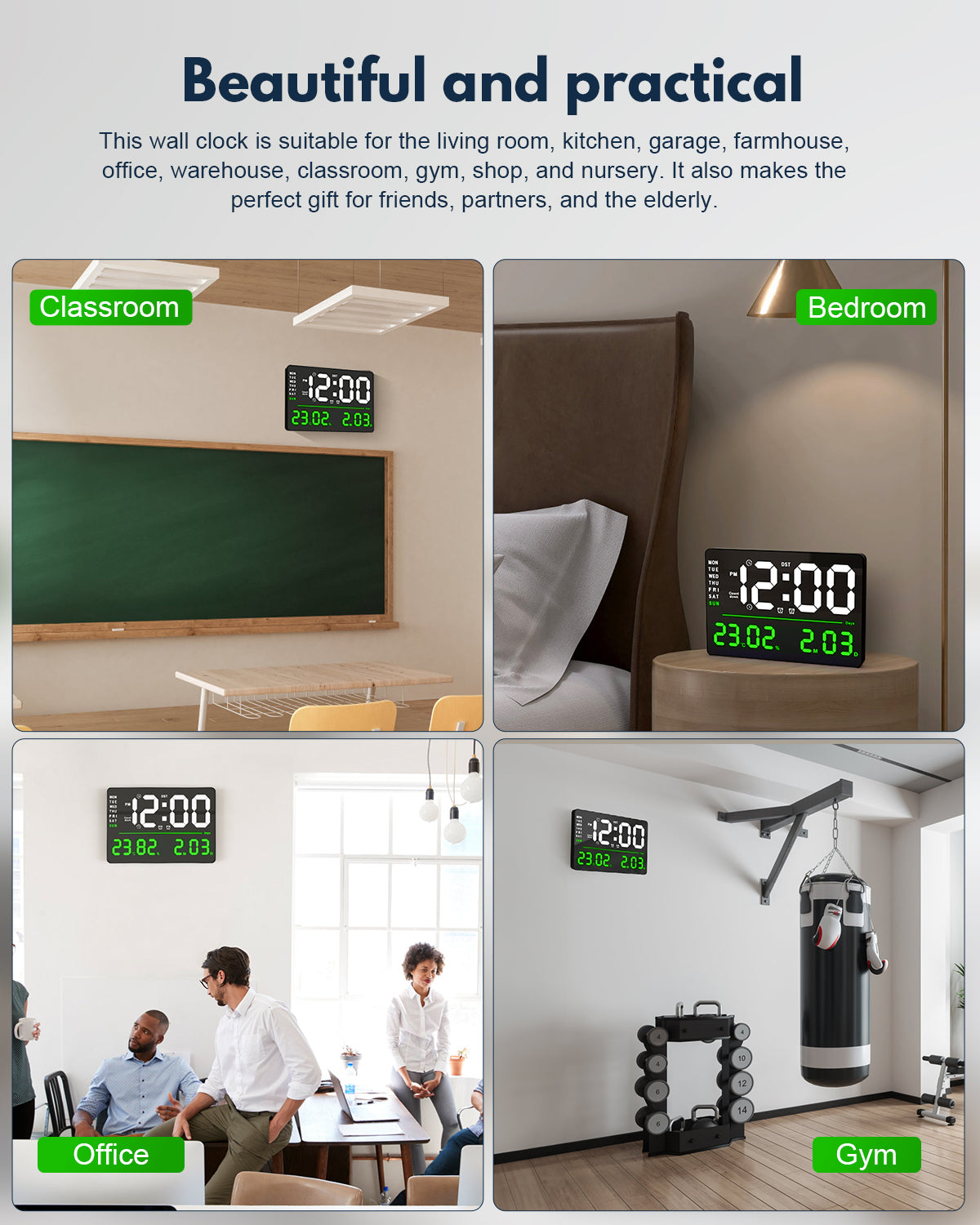 AYRELY® 16" LED Large Digital Wall Alarm Clock with Digital Calendar (Green)