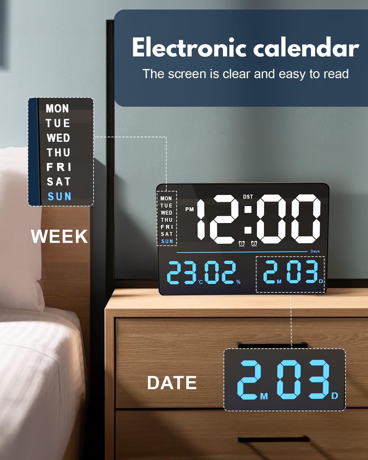 AYRELY® 16" LED Large Digital Wall Alarm Clock with Digital Calendar (Blue)