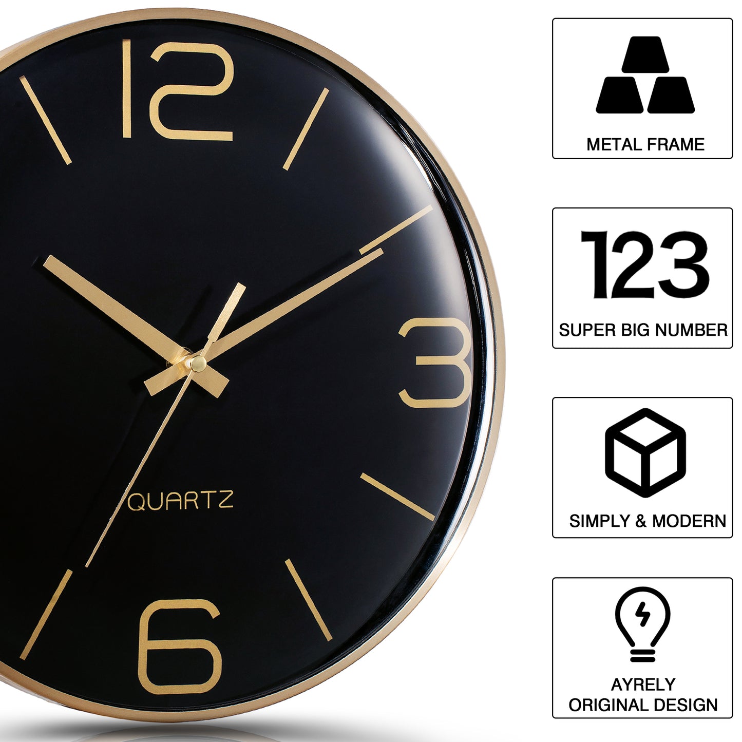 AYRELY® 12 inch Modern Gold Metal Frame Metal Wall Clocks (Black)