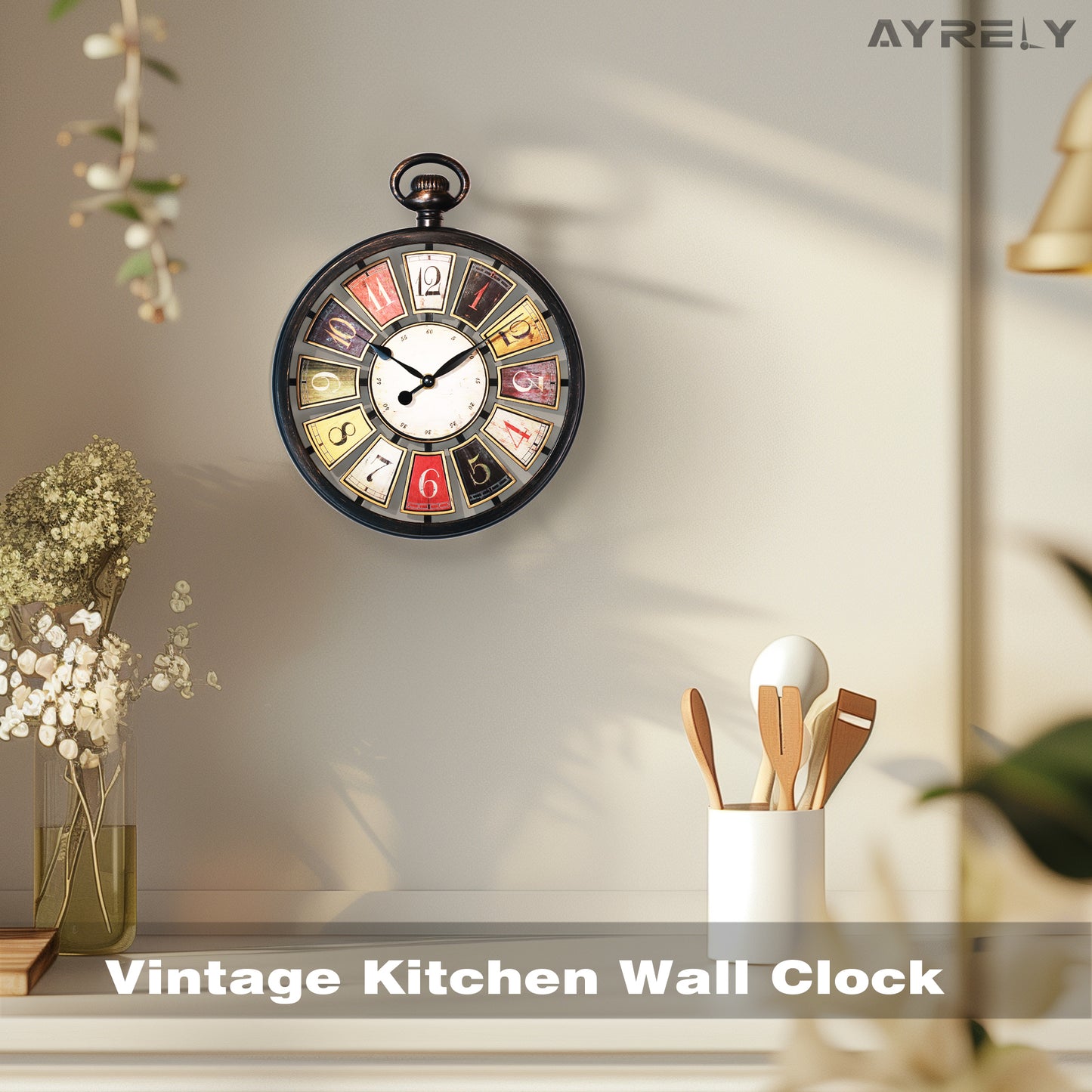 AYRELY® Vintage Round Wall Clock in Antique Retro Style (13" H x 10.6" W)-Black