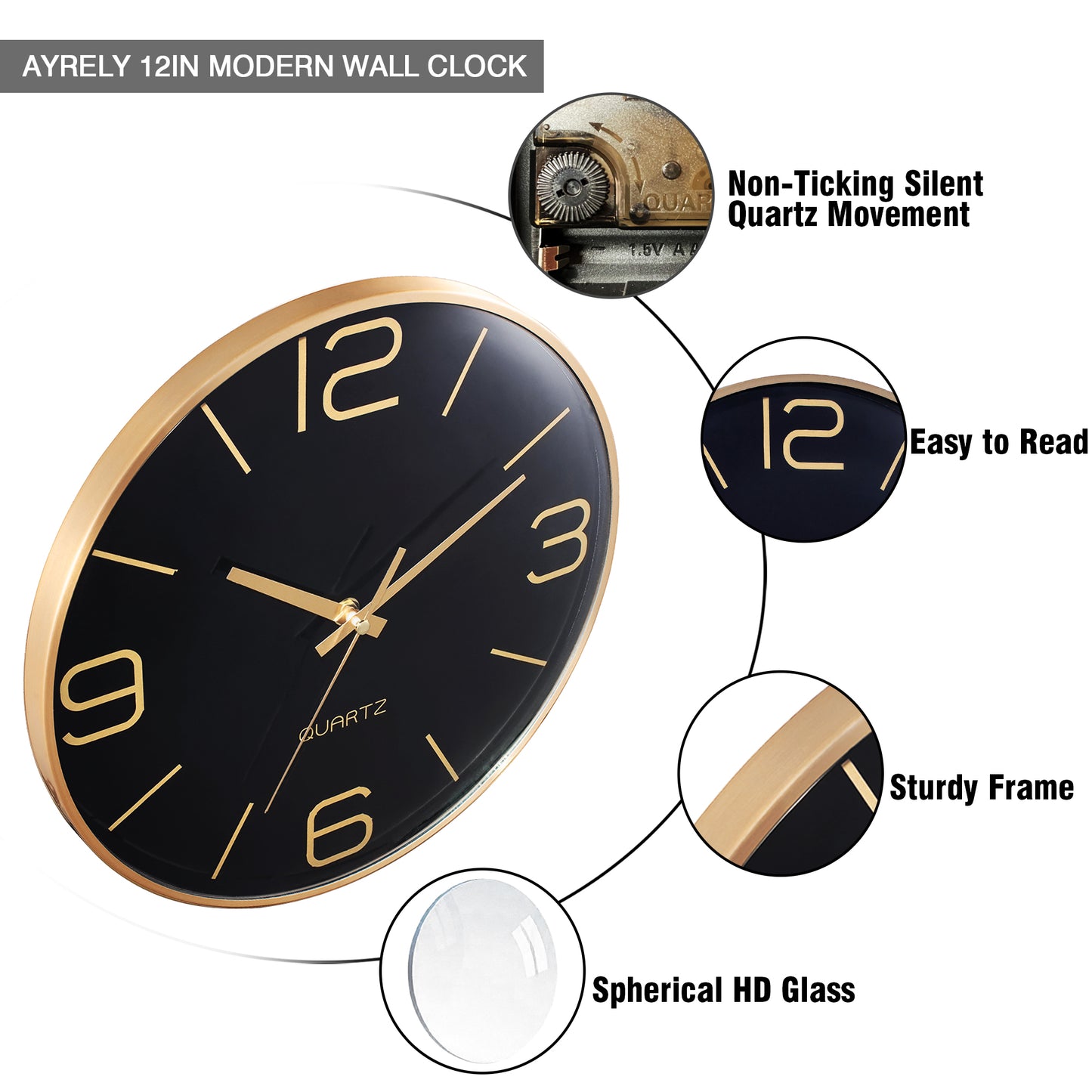 AYRELY® 12 inch Modern Gold Metal Frame Metal Wall Clocks (Black)