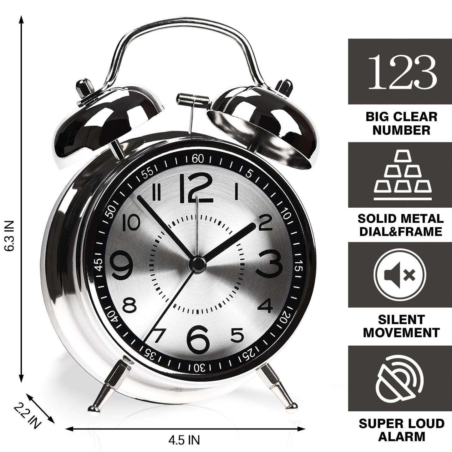 AYRELY® Super Loud Twin Bell Vintage Alarm Clock (Grey)