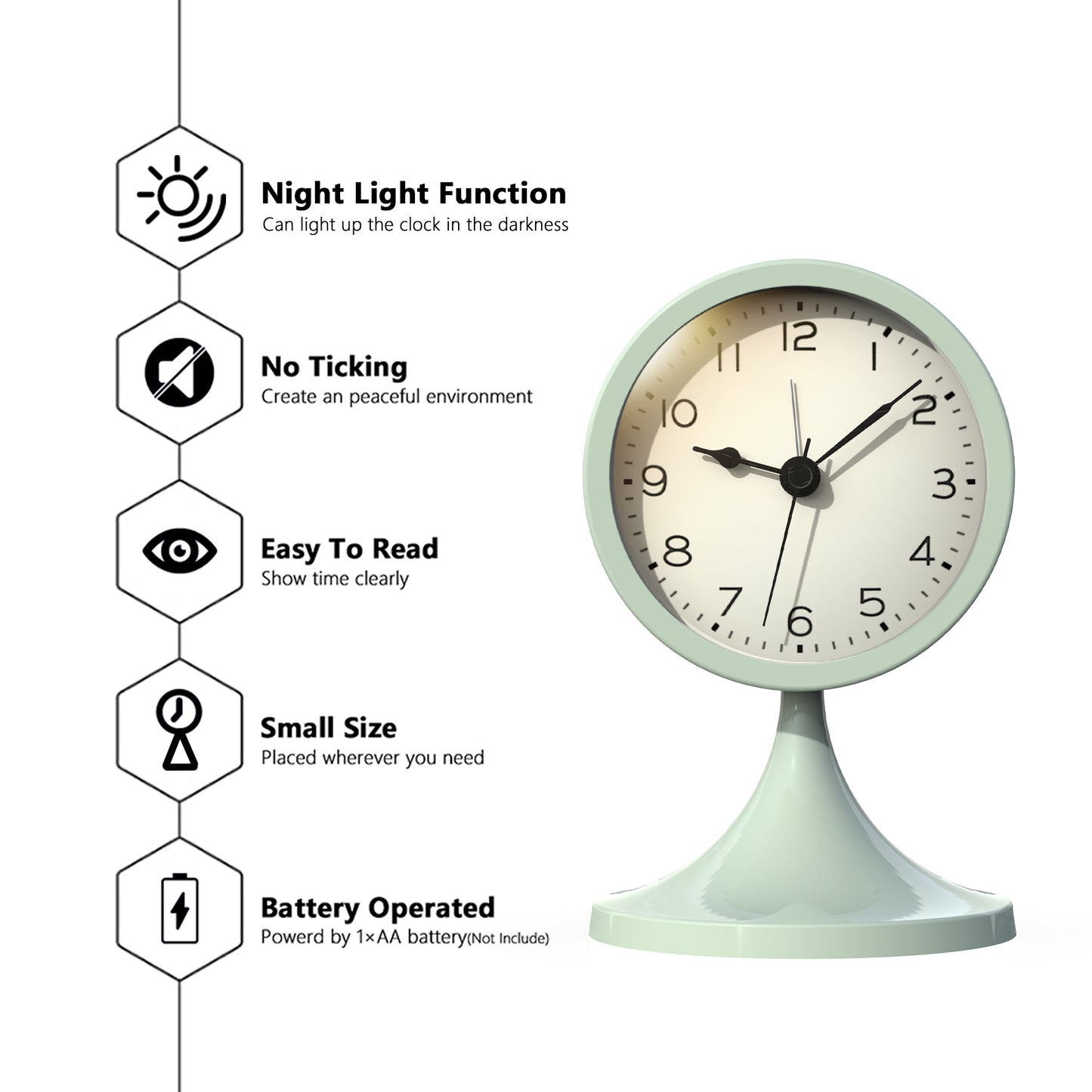 AYRELY® 3" Cute Analog Alarm Clock,Small Retro Table Clock Battery Operated,Slient Metal Desk Clock with Light for Living Room Decor,Bedroom,Bedside,Shelf（Green）