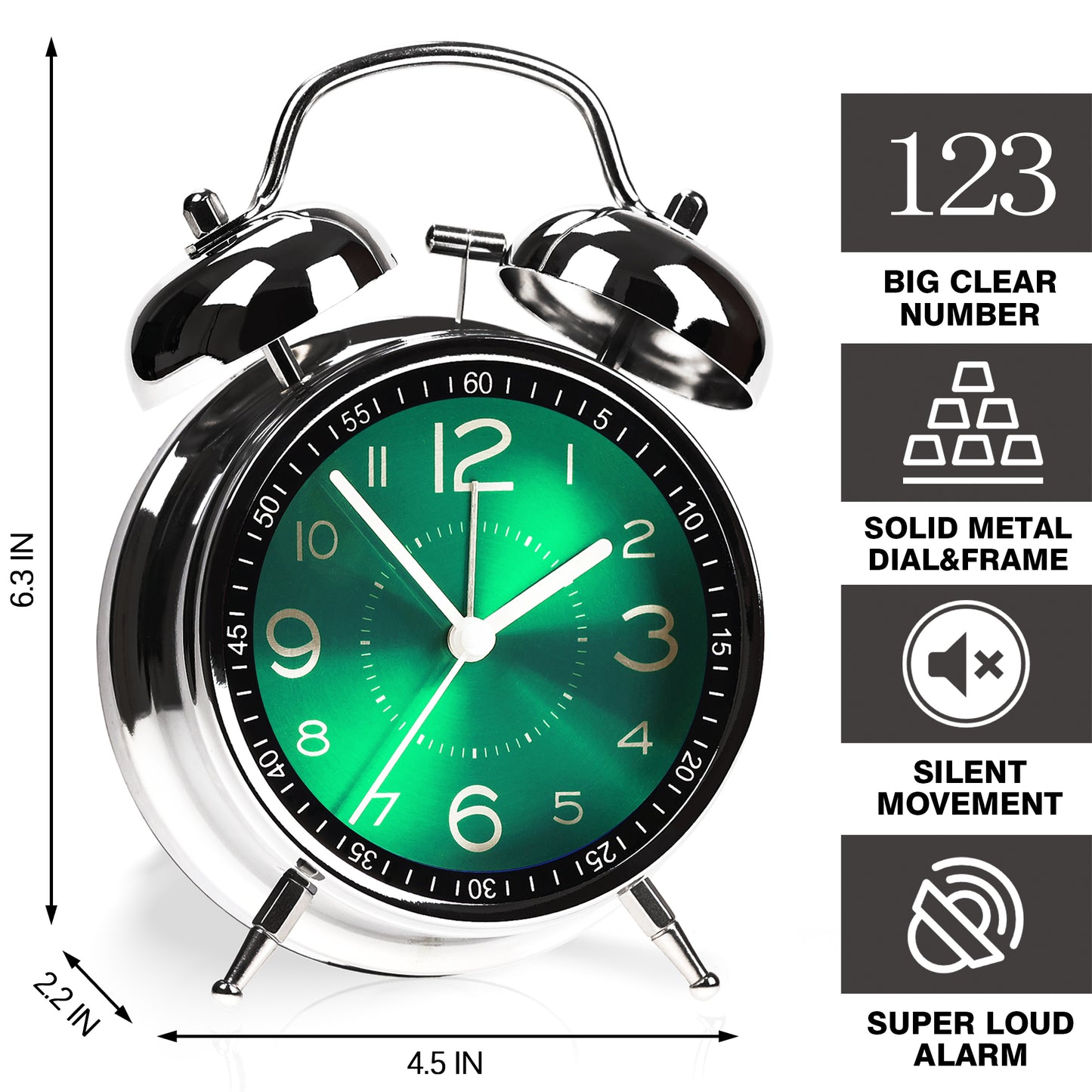 AYRELY® Super Loud Twin Bell Vintage Alarm Clock (Green)