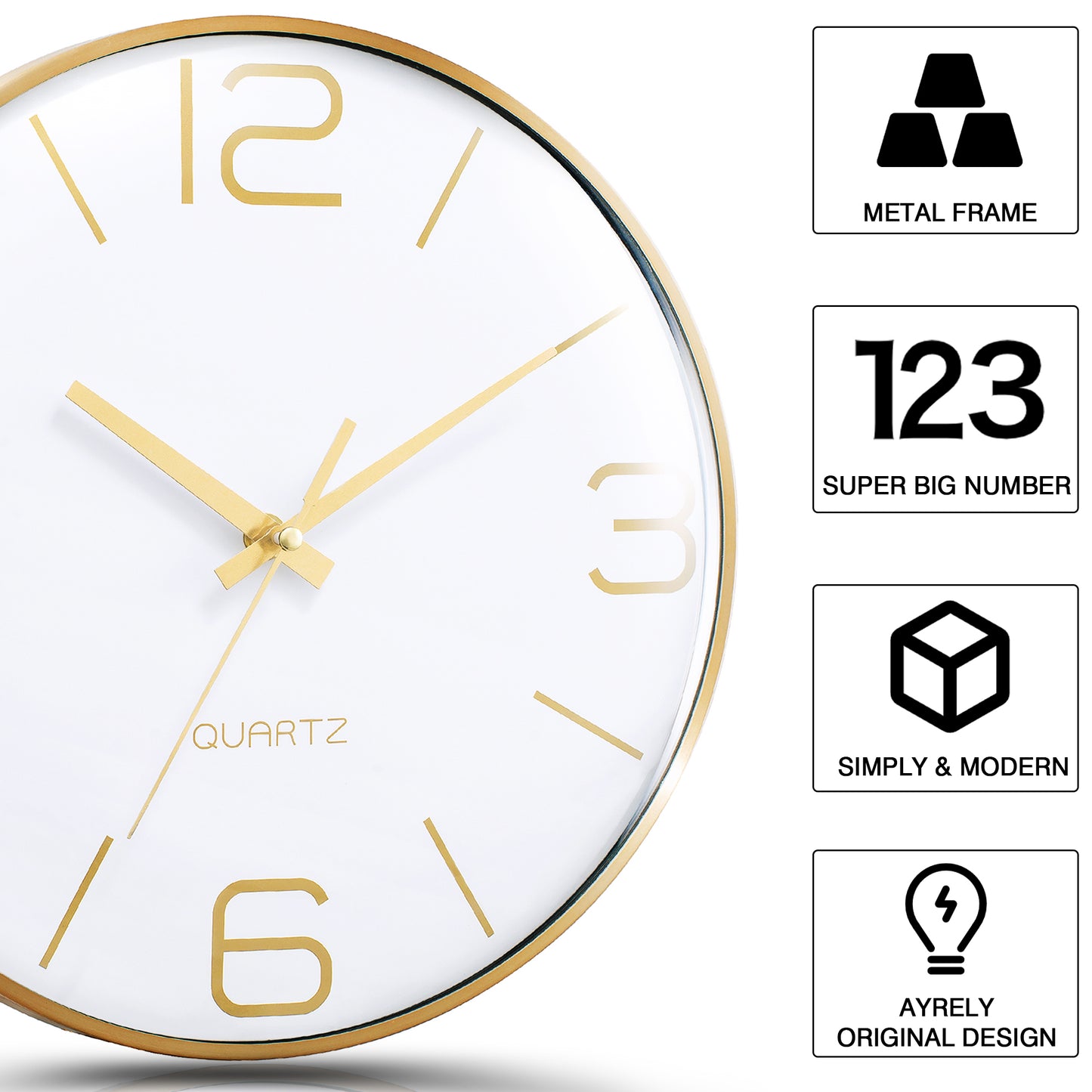 AYRELY® 12 inch Modern Gold Metal Frame Metal Wall Clocks (White)