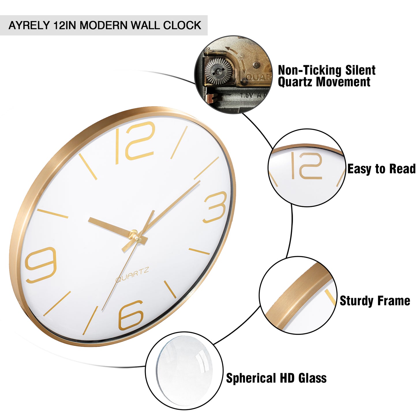 AYRELY® 12 inch Modern Gold Metal Frame Metal Wall Clocks (White)