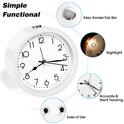 AYRELY 4.5 inches Round Silent Analog Alarm Clock Non Ticking,Battery Operated,Beep Sounds, Increasing Volume, Snooze and Light Functions（White）