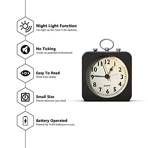 AYRELY Battery Operated Alarm Clock with Square Metal Case,Silent No Ticking Analog Quartz, Simple Operation for Bedroom/Travel/Desk/Kids (Black)