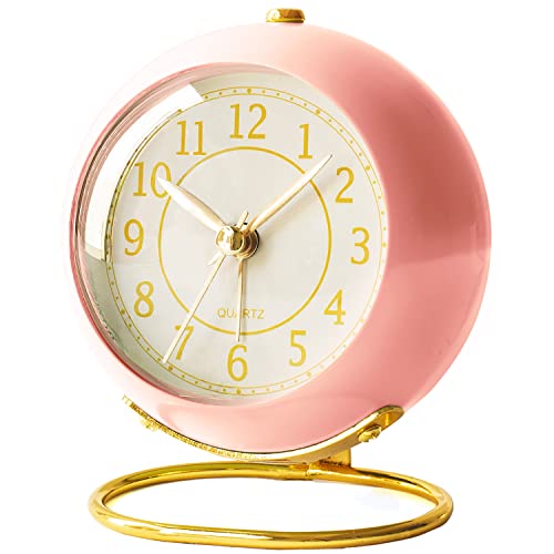 AYRELY Small Desk Clock, Retro Bedroom Table Vintage Analog Alarm Clock, Silent Non-Ticking Gold Clock, Bedside Decor Aesthetic (Pink)
