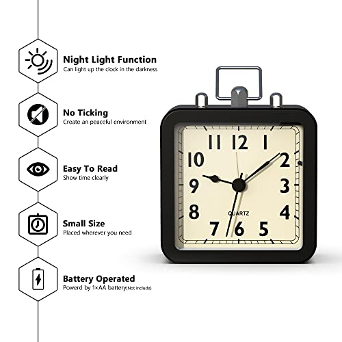 AYRELY Battery Operated Alarm Clock with Square Metal Case,No Ticking Analog Quartz, Desk Clock for Bedroom/Travel/Kids (Black)