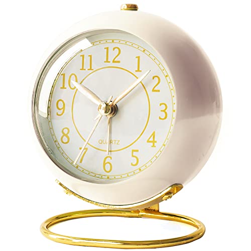 AYRELY Small Desk Clock, Retro Bedroom Table Vintage Analog Alarm Clock, Silent Non-Ticking Gold Clock, Bedside Decor Aesthetic (Cream)