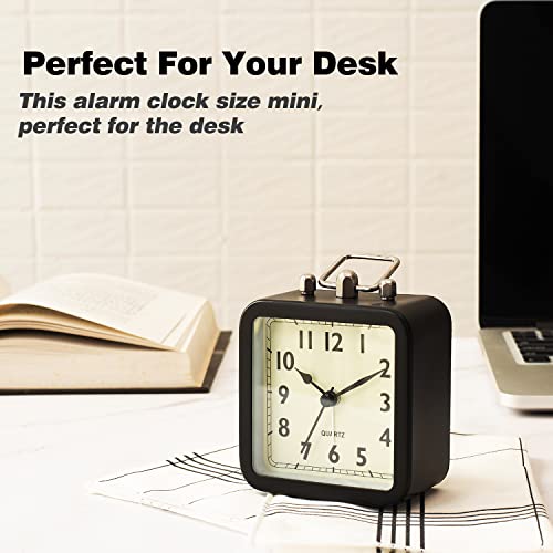 AYRELY Battery Operated Alarm Clock with Square Metal Case,No Ticking Analog Quartz, Desk Clock for Bedroom/Travel/Kids (Black)