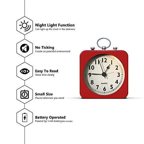 AYRELY Battery Operated Alarm Clock with Square Metal Case,No Ticking Analog Quartz, Simple Operation for Bedroom/Travel/Desk/Kids(Red)