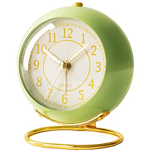 AYRELY Small Desk Clock, Retro Bedroom Table Vintage Analog Alarm Clock, Silent Non-Ticking Gold Clock, Bedside Decor Aesthetic (Green)