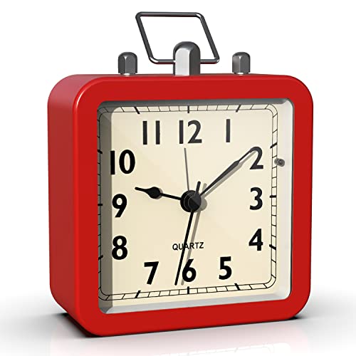 AYRELY Battery Operated Alarm Clock with Square Metal Case,No Ticking Analog Quartz, Desk Clock for Bedroom/Travel/Kids (Red)