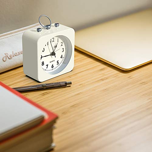 AYRELY Battery Operated Alarm Clock with Square Metal Case,No Ticking Analog Quartz, Simple Operation for Bedroom/Travel/Desk/Mantel/Kids (Cream)
