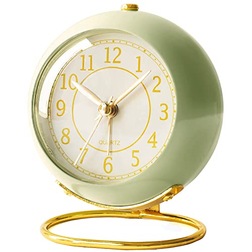 AYRELY Small Desk Clock, Retro Bedroom Table Vintage Analog Alarm Clock, Silent Non-Ticking Gold Clock, Bedside Decor Aesthetic (Light Green)