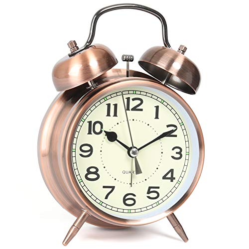 AYRELY Retro 4 inches Twin Bell Super Loud Battery Operated Vintage Alarm Clock,Silent Non-Ticking Analog Quartz with Backlight for Bedroom/Heavy Sleepers (Copper red)