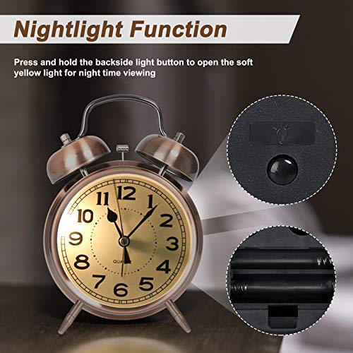 AYRELY Retro 4 inches Twin Bell Super Loud Battery Operated Vintage Alarm Clock,Silent Non-Ticking Analog Quartz with Backlight for Bedroom/Heavy Sleepers (Copper red)
