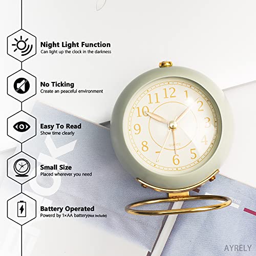 AYRELY Small Desk Clock, Retro Bedroom Table Vintage Analog Alarm Clock, Silent Non-Ticking Gold Clock, Bedside Decor Aesthetic (Light Green)