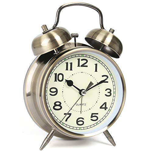 AYRELY Retro 4 inches Twin Bell Super Loud Battery Operated Vintage Alarm Clock，Silent Non-Ticking Analog Quartz with Backlight for Bedroom/Heavy Sleepers (Bronze)